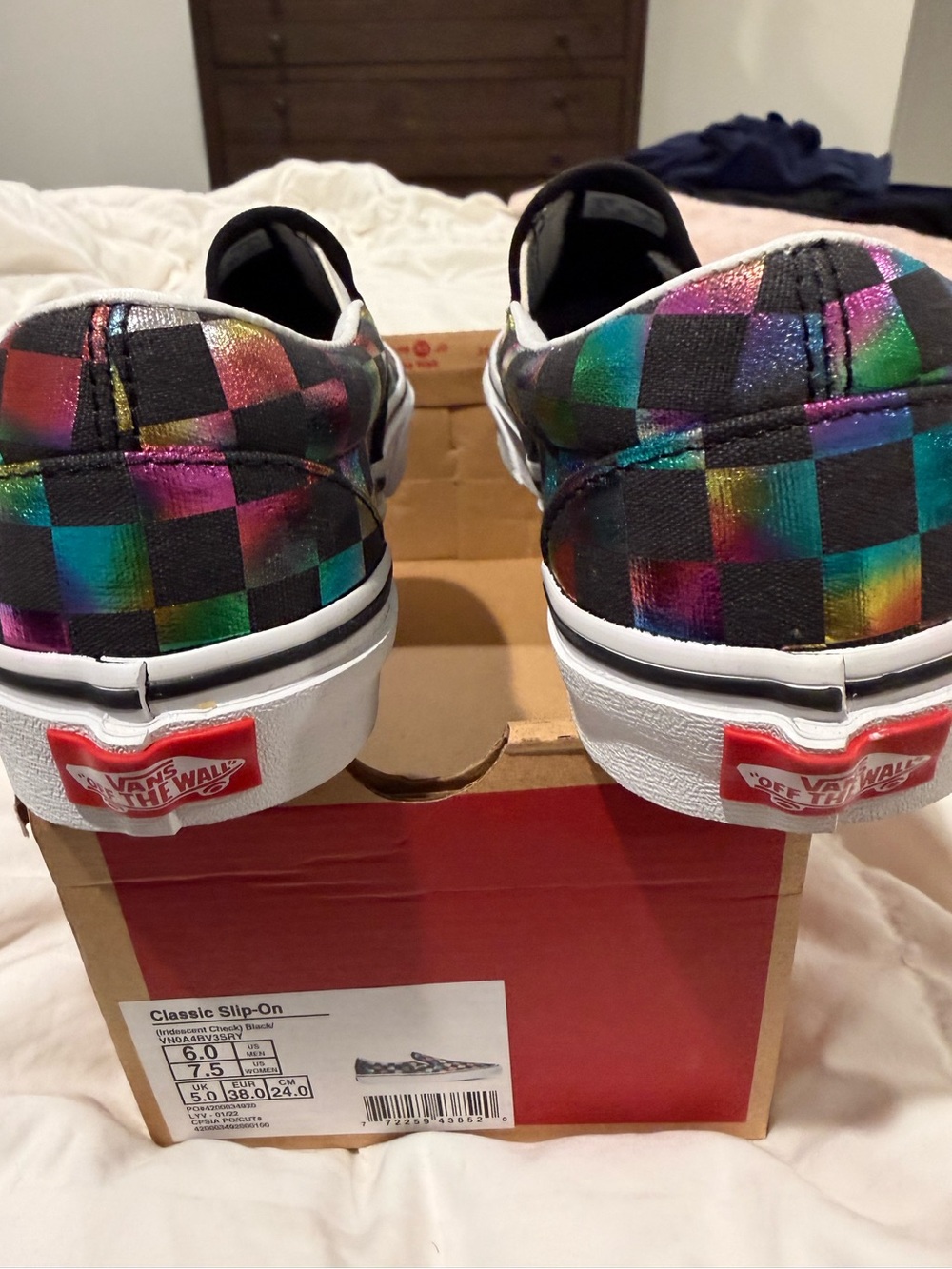 Vans Women's Size 7.5 Slip-On Checkerboard Sneakers - Iridescent Black Multi - Picture 4 of 6